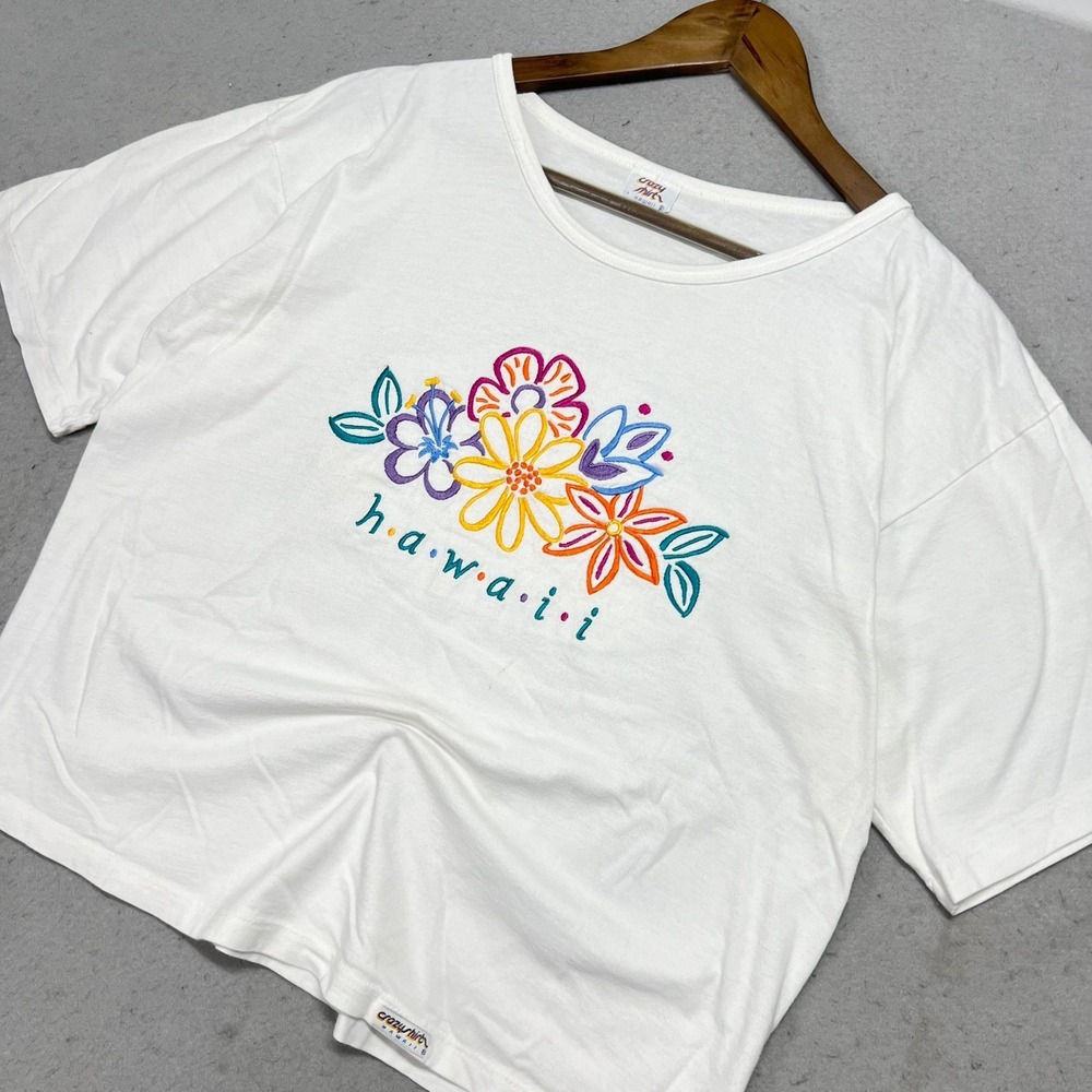 Crazy Shirt Hawaii Vintage‎ Y2K White Embroidered Floral Crop T-Shirt One Size
